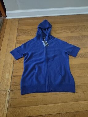 Lord & Taylor 100% Cashmere Royal Blue Short Sleeve Zip Hoodie NWT Size Small